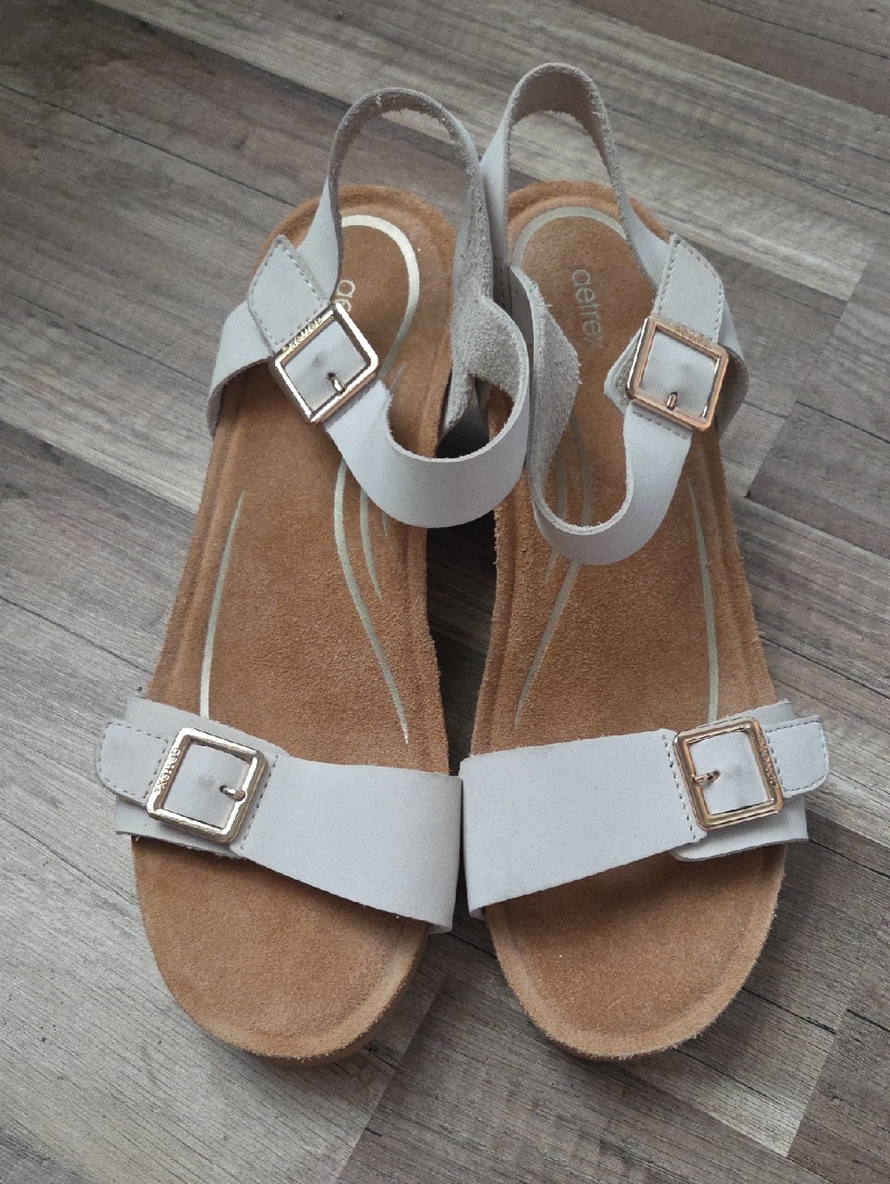 Aetrex Women's Light Gray "Lexa" Cork Platform Sandals with Gold Buckles